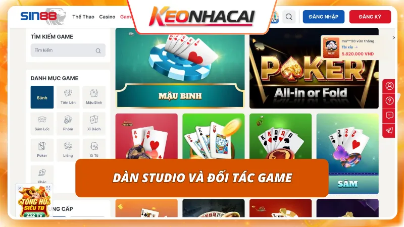 Sin88 6 Chất lượng sảnh cược được đảm bảo bởi các đối tác game uy tín